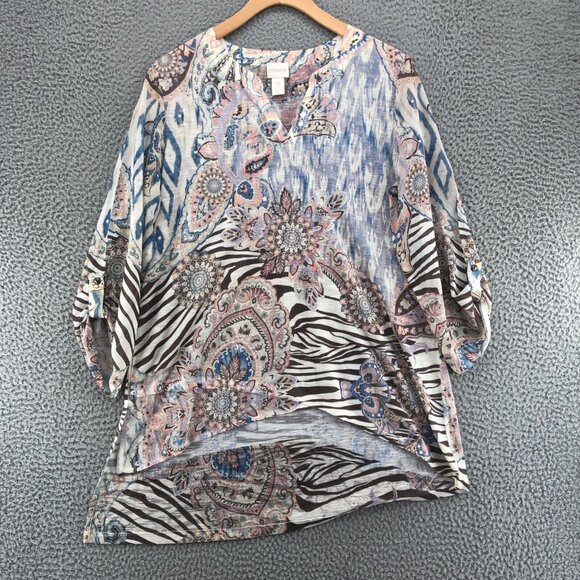 Chicos Top Womens 0 US Small Summer Fun Isabella Multi Roll Tab High Low Tunic - Picture 1 of 10